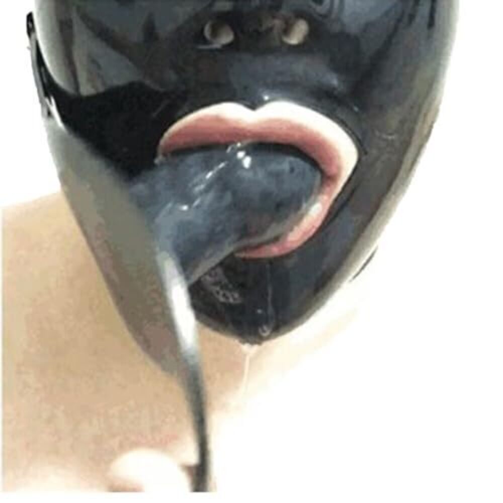 8750 Latex Mask Black Hood Patch Mouth plug Eyeshade Eye patch Zipper